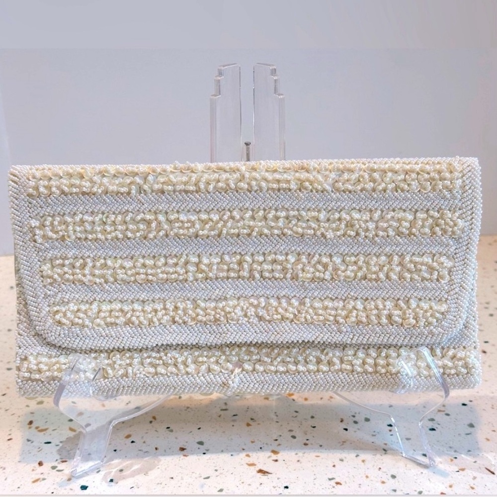 Hand Made Vintage La Regale LTD Sequin Beaded Thin & Long Off White Cream Clutch